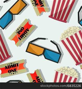 Seamless cinema pattern with tickets, glasses and popcorn