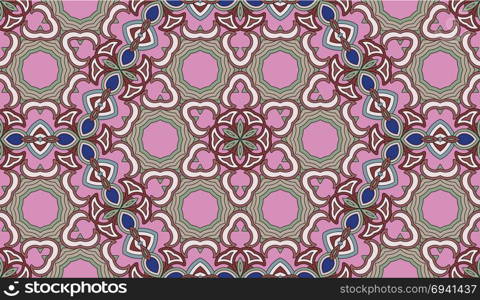 Seamless circular vector pattern. Colored decorative repainting background with tribal and ethnic motifs. Abstract floral geometric lace. Symmetrical flower ornament.