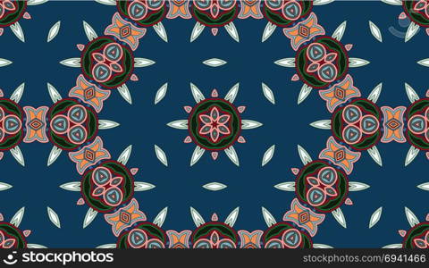 Seamless circular vector pattern. Colored decorative repainting background with tribal and ethnic motifs. Abstract floral geometric lace. Symmetrical flower ornament.