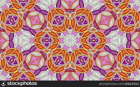 Seamless circular vector pattern. Colored decorative repainting background with tribal and ethnic motifs. Abstract floral geometric lace. Symmetrical flower ornament.