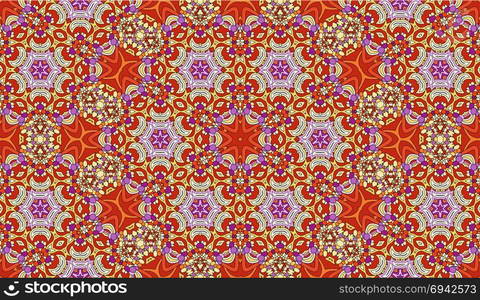 Seamless circular vector pattern. Colored decorative repainting background with tribal and ethnic motifs. Abstract floral geometric lace. Symmetrical flower ornament.