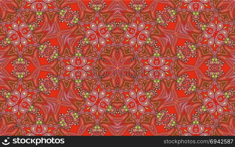 Seamless circular vector pattern. Colored decorative repainting background with tribal and ethnic motifs. Abstract floral geometric lace. Symmetrical flower ornament.