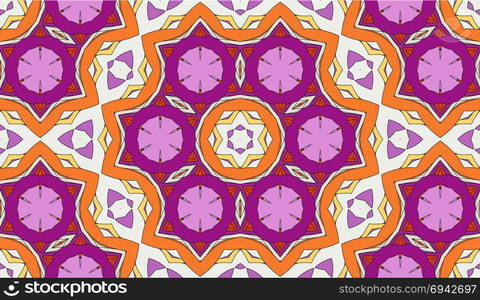 Seamless circular vector pattern. Colored decorative repainting background with tribal and ethnic motifs. Abstract floral geometric lace. Symmetrical flower ornament.