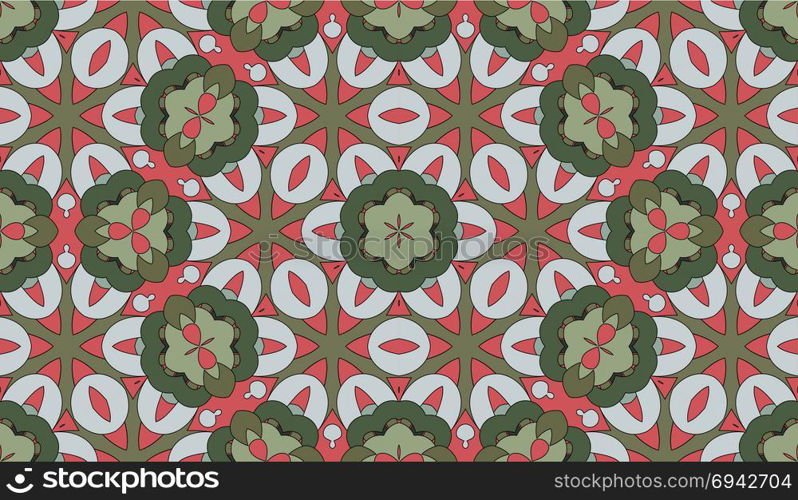 Seamless circular vector pattern. Colored decorative repainting background with tribal and ethnic motifs. Abstract floral geometric lace. Symmetrical flower ornament.