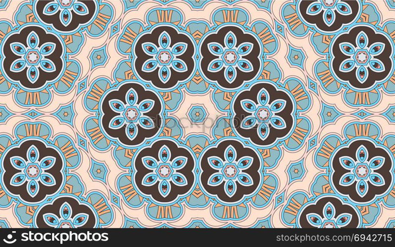 Seamless circular vector pattern. Colored decorative repainting background with tribal and ethnic motifs. Abstract floral geometric lace. Symmetrical flower ornament.