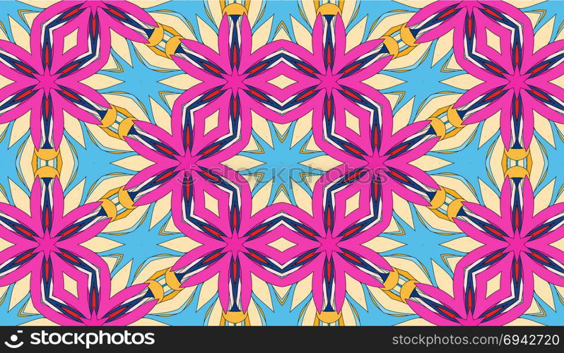 Seamless circular vector pattern. Colored decorative repainting background with tribal and ethnic motifs. Abstract floral geometric lace. Symmetrical flower ornament.