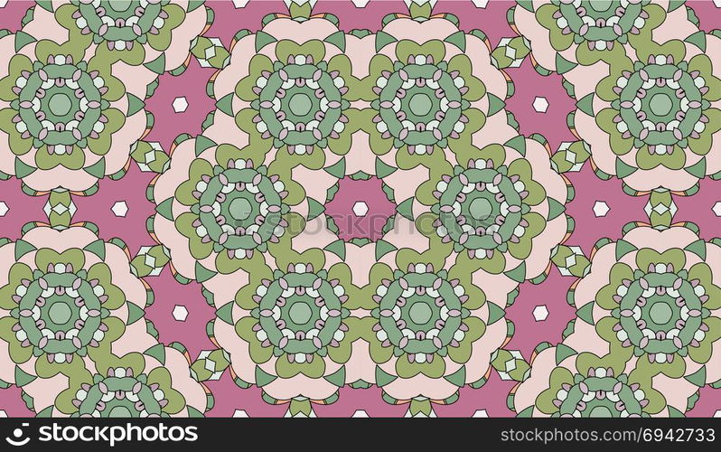 Seamless circular vector pattern. Colored decorative repainting background with tribal and ethnic motifs. Abstract floral geometric lace. Symmetrical flower ornament.