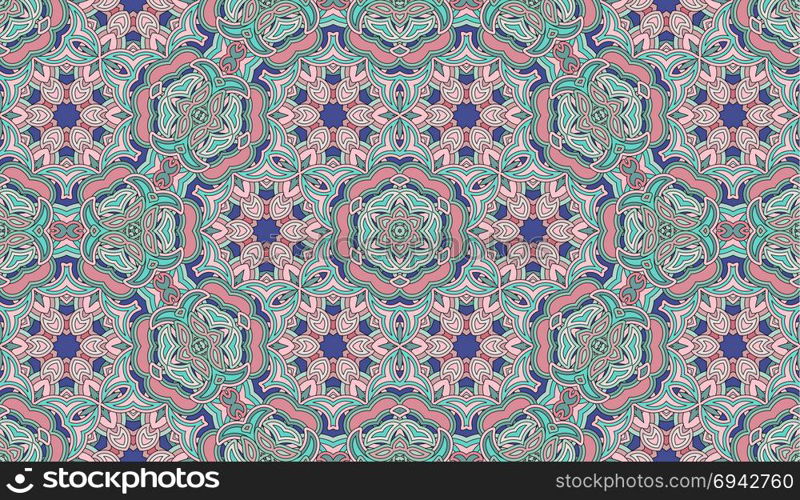 Seamless circular vector pattern. Colored decorative repainting background with tribal and ethnic motifs. Abstract floral geometric lace. Symmetrical flower ornament.