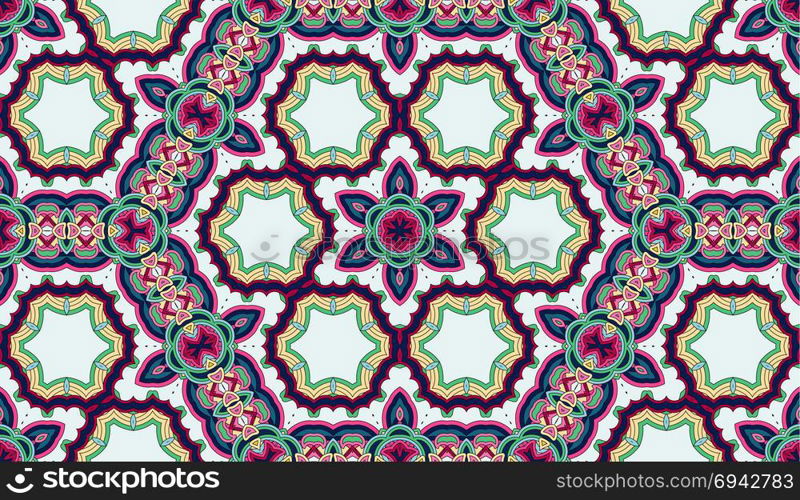 Seamless circular vector pattern. Colored decorative repainting background with tribal and ethnic motifs. Abstract floral geometric lace. Symmetrical flower ornament.