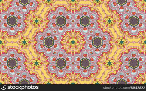 Seamless circular vector pattern. Colored decorative repainting background with tribal and ethnic motifs. Abstract floral geometric lace. Symmetrical flower ornament.