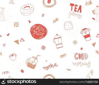 Seamless coffee and tea party pattern with geometry shapes in modern line style with cups on white background.. Seamless coffee and tea party pattern with geometry shapes in modern line style with cups on white background