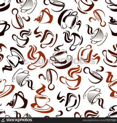 Seamless coffee background with brown pattern of elegant cups of tasty cappuccino with creamy foam and decorative swirls of steam. Use as breakfast backdrop, coffee shop and cafe design. Creamy cappuccino coffee seamless pattern