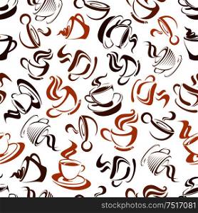 Seamless coffee background with brown pattern of elegant cups of tasty cappuccino with creamy foam and decorative swirls of steam. Use as breakfast backdrop, coffee shop and cafe design. Creamy cappuccino coffee seamless pattern