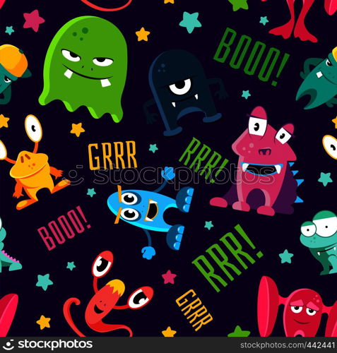 Seamless color children pattern with cute monsters. Background vector illustration. Seamless color children pattern with cute monsters