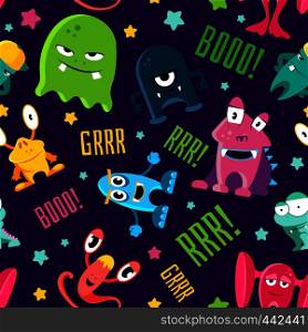 Seamless color children pattern with cute monsters. Background vector illustration. Seamless color children pattern with cute monsters
