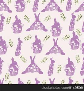 Seamless color pattern of stencils of lilac rabbits and green twigs in the grass on a light background. Easter pattern for packaging, textiles, gifts. Vector illustration