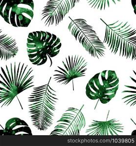 Seamless color vector pattern with palm leaves on dark background. Vector illustration. Seamless color vector pattern with palm leaves on dark background. Vector