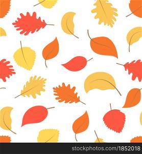 Seamless colorful autumn pattern with leaves vector illustration. Fall background with red yellow and orange leaves. Botanical natural template for wallpaper, packaging, banner and design.. Seamless colorful autumn pattern with leaves vector illustration.