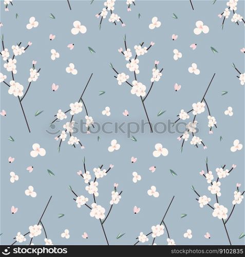 Seamless colorful pattern of abstract blossoming branch of cherry tree. Hello spring. Repeat texture. Template for web, wallpaper, cards, poster, banner, or , label or price tag. Isolate. Vector. EPS