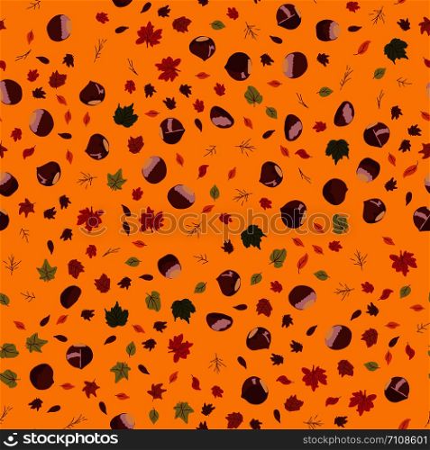Seamless colorful pattern with chestnuts and autumn leaves. Flat cartoon style. Vector illustration. or wrapping paper, covers, textile.. Seamless colorful pattern with chestnuts and autumn leaves. Flat cartoon style