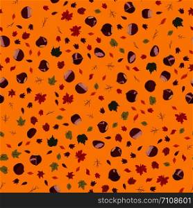 Seamless colorful pattern with chestnuts and autumn leaves. Flat cartoon style. Vector illustration. or wrapping paper, covers, textile.. Seamless colorful pattern with chestnuts and autumn leaves. Flat cartoon style
