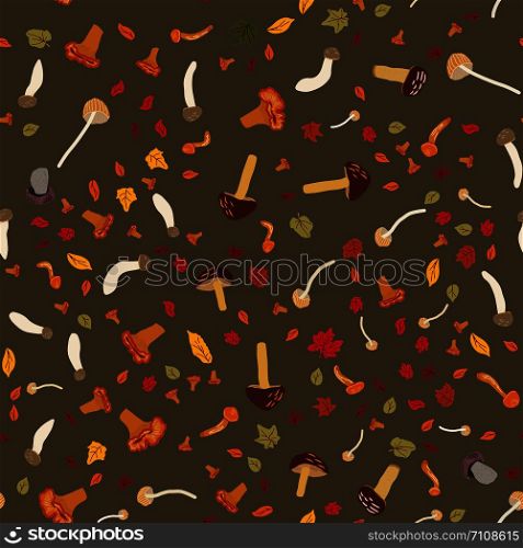 Seamless colorful pattern with mix mushroomsand autumn leaves. Flat cartoon style. Vector illustration.. Seamless colorful pattern with mix mushrooms and autumn leaves