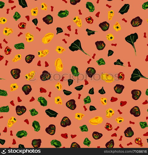 Seamless colorful pattern with mix peppers and salad leaves. Flat cartoon style. Vector illustration. Seamless colorful pattern with mix peppers and salad leaves.