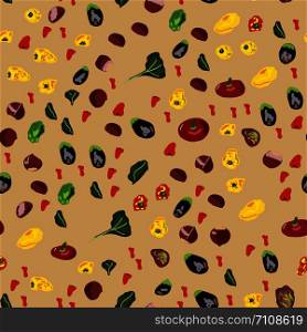 Seamless colorful pattern with mix peppers and tomatoes. Flat cartoon style. Vector illustration. Seamless colorful pattern with mix peppers and tomatoes.