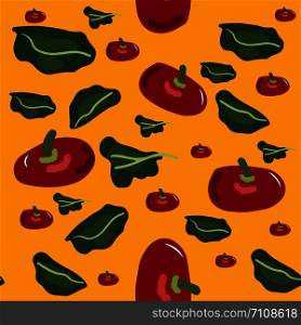 Seamless colorful pattern with tomatoes and salad leaves. Flat cartoon style. Vector illustration. Seamless colorful pattern with tomatoes and salad leaves.