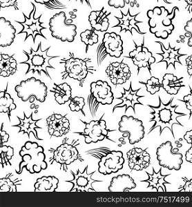 Seamless comics action bubbles background with black and white pattern of explosion and dust clouds with lightnings and motion trails, speech and thought bubbles. Use as children book or interior design . Comics explosion, speech bubbles seamless pattern