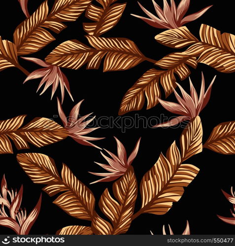 Seamless composition from golden tropical leaves and pink gold flowers bird of paradise on the black background