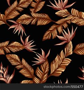 Seamless composition from golden tropical leaves and pink gold flowers bird of paradise on the black background