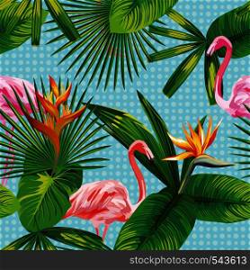 Seamless composition of beautiful pink flamingo birds, tropical plants and flowers on a sky blue circles background. Vector illustration pattern wallpaper