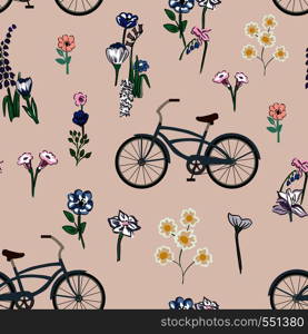 Seamless composition of bicycle and meadow flowers on the pink background. Flat vector wallpaper.