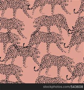 Seamless composition of silhouette with spots wild animals leopards in trendy black color on a pink background. Fashion pattern wallpaper
