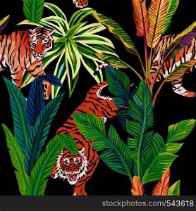 Seamless composition of the wild predatory animals tiger in the tropical jungle. Vector illustration of a print pattern wallpaper black background