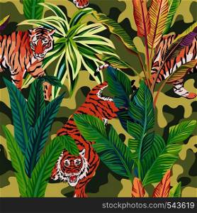 Seamless composition of the wild predatory animals tiger in the tropical jungle. Vector illustration of a print pattern wallpaper military khaki background