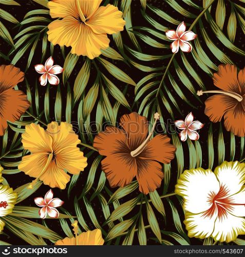 Seamless composition of tropical leaves, flowers of hibiscus and frangipani in a retro style on a brown background. Wallpaper vector illustration