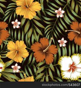 Seamless composition of tropical leaves, flowers of hibiscus and frangipani in a retro style on a brown background. Wallpaper vector illustration