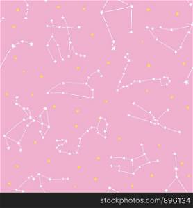 Seamless constellation stars vector pattern. Suitable for textile, print, decoration, clothes. Stars on night sky. Good night dreams. Pajamas design style. Children and kids decor. Sweet night wallpaper.