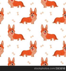 Seamless corgi pattern. Cartoon home pet, set of cute puppies for print, posters and postcard. Vector corgi animal background. Funny little doggy seamless pattern. Seamless corgi pattern. Cartoon home pet, set of cute puppies for print, posters and postcard. Vector corgi animal pattern