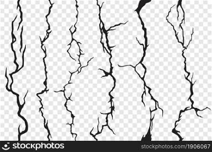 Seamless cracks in the wall, plaster or ground, transparent background. Vector cracked or broken texture of stone, soil, marble or cement, grunge pattern with cracks, clefts, fissures and cracklets. Seamless cracks in the wall, plaster or ground