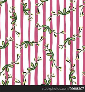 Seamless creative botay pattern with green random floral branches print. Pink and white striped background. Designed for fabric design, textile print, wrapping, cover. Vector illustration.. Seamless creative botay pattern with green random floral branches print. Pink and white striped background.