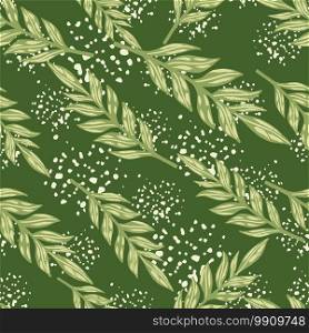 Seamless creative floral pattern with foliage branches silhouettes. Green palette random print with splashes. Decorative print for wallpaper, textile, wrapping paper, fabric print. Vector illustration. Seamless creative floral pattern with foliage branches silhouettes. Green palette random print with splashes.