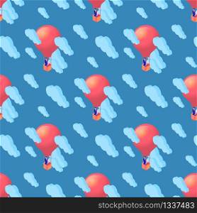 Seamless Creative Pattern of Red Hot Air Ballons with Man Standing at Basket Flying Among Clouds on Blue Background. Texture for Fabric, Textile. Ornament, Print. 3D Isometric Vector Illustration.. Seamless Pattern of Red Hot Air Ballons with Man