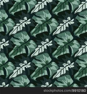 Seamless creative pattern with monstera elements cartoon shapes. Green and blue tones foliag on dark background. Botanic backdrop. For fabric design, textile, wrapping, cover. Vector illustration. Seamless creative pattern with monstera elements cartoon shapes. Green and blue tones foliag on dark background. Botanic backdrop.