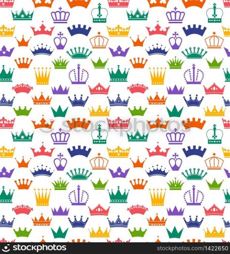 Seamless crowns pattern. Surface seamless print.. Retro seamless pattern of colors crowns on white background. Surface seamless print of royal.