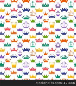 Seamless crowns pattern. Surface seamless print.. Retro seamless pattern of colors crowns on white background. Surface seamless print of royal.
