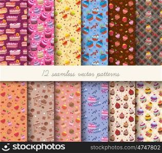 Seamless cupcakes vector patterns