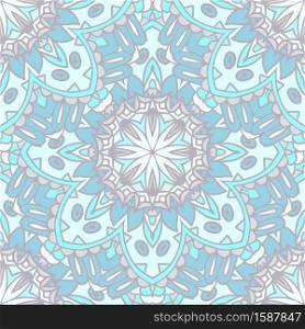 Seamless cute blue pattern vector Ethnic geometric Mandala in winter pastel palette. Snowflake star lace seamless pattern
